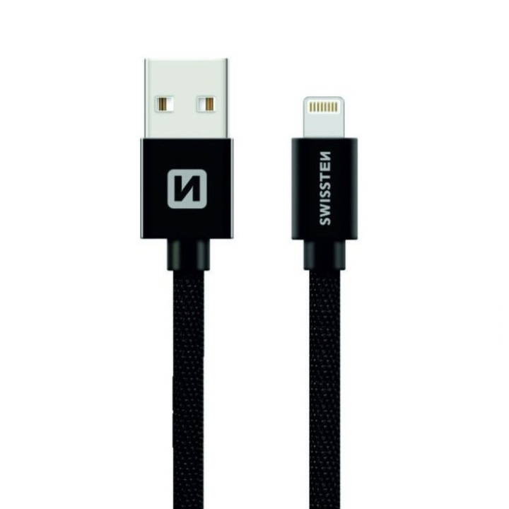 Swissten Adatkábel textil bevonattal, USB/lightning, 0.2 m, Fekete