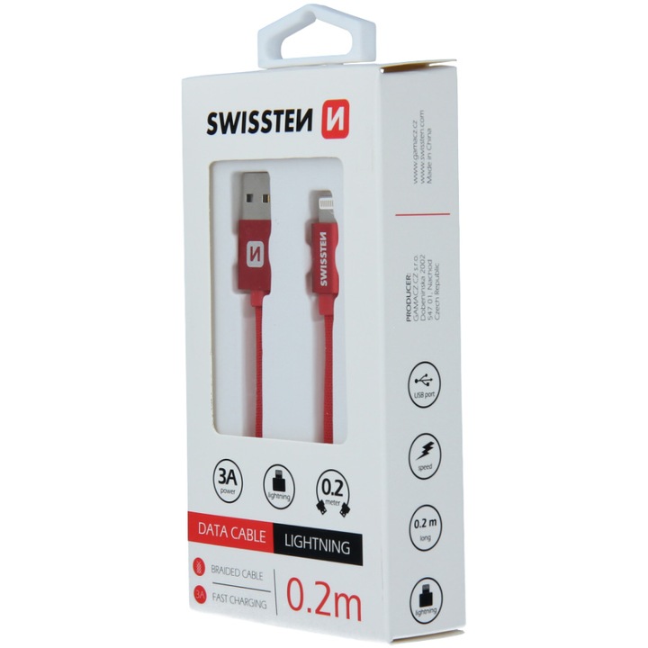 Кабел за данни Swissten textile usb/lightning 0.2 м, Red