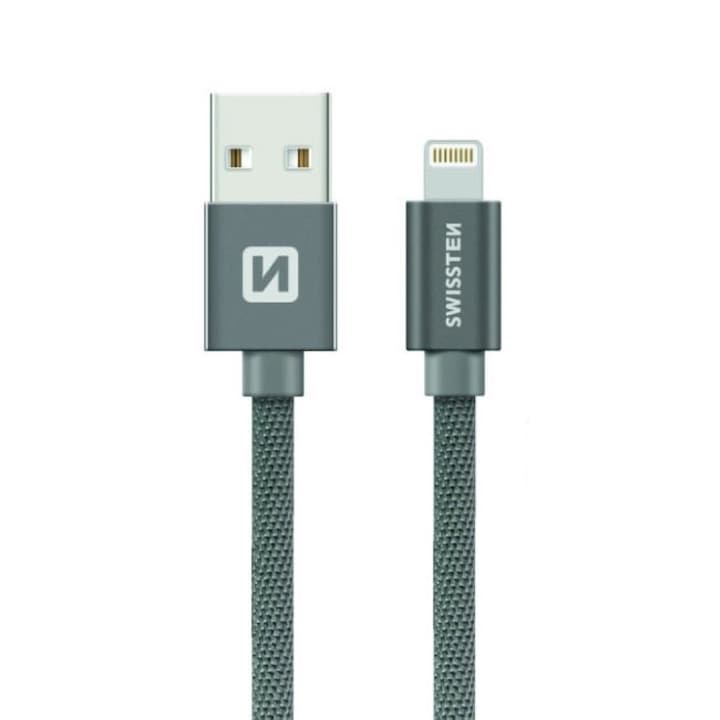 Swissten Adatkábel textil bevonattal, USB/lightning, 0.2 m, Szürke