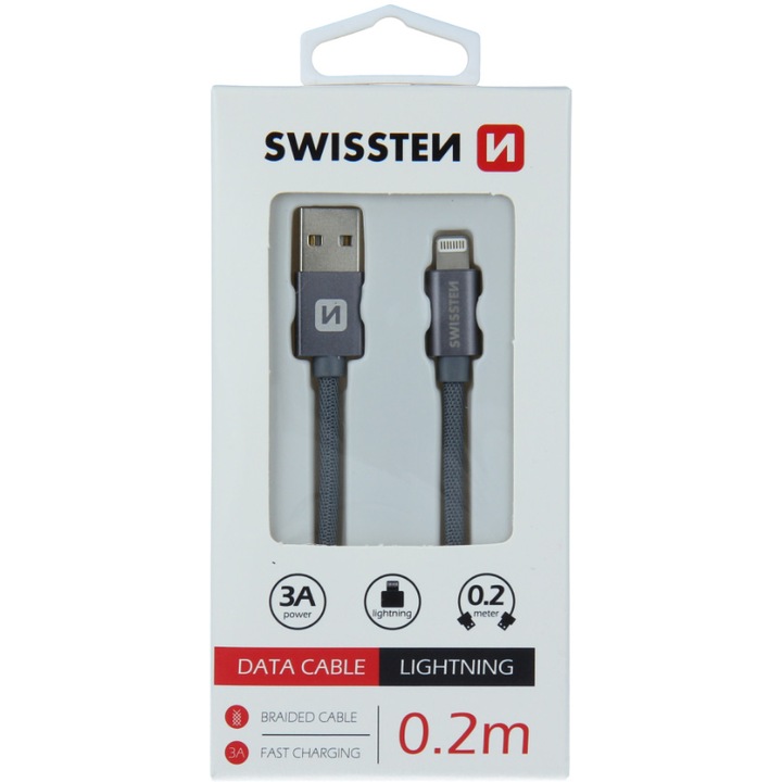 Кабел за данни Swissten textile usb/lightning 0.2 м, Grey
