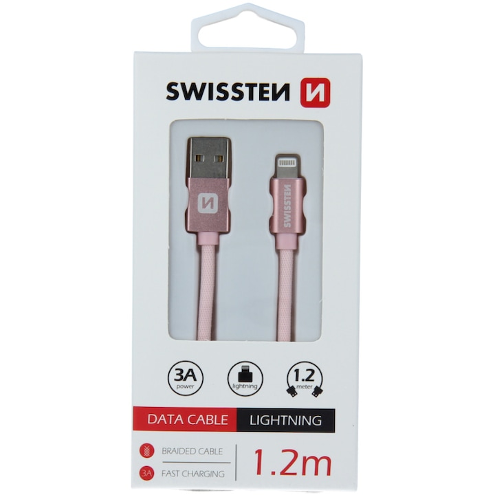 Cablu de date Swissten textile usb/tip Lightning 1.2m, Rose/Gold