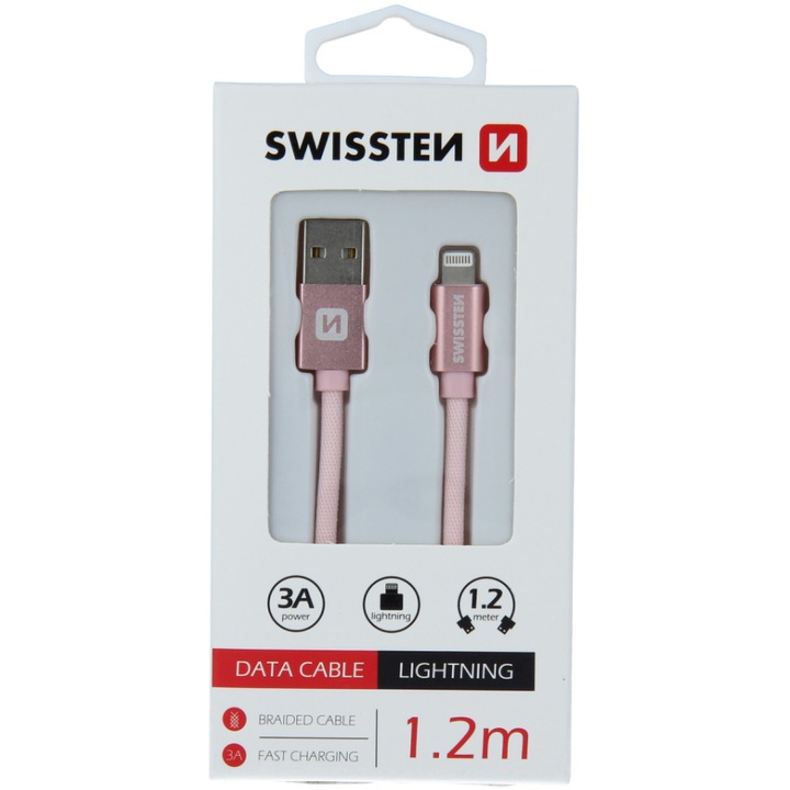 Кабел за данни Swissten textile usb/lightning 1.2 м, Rose/Gold
