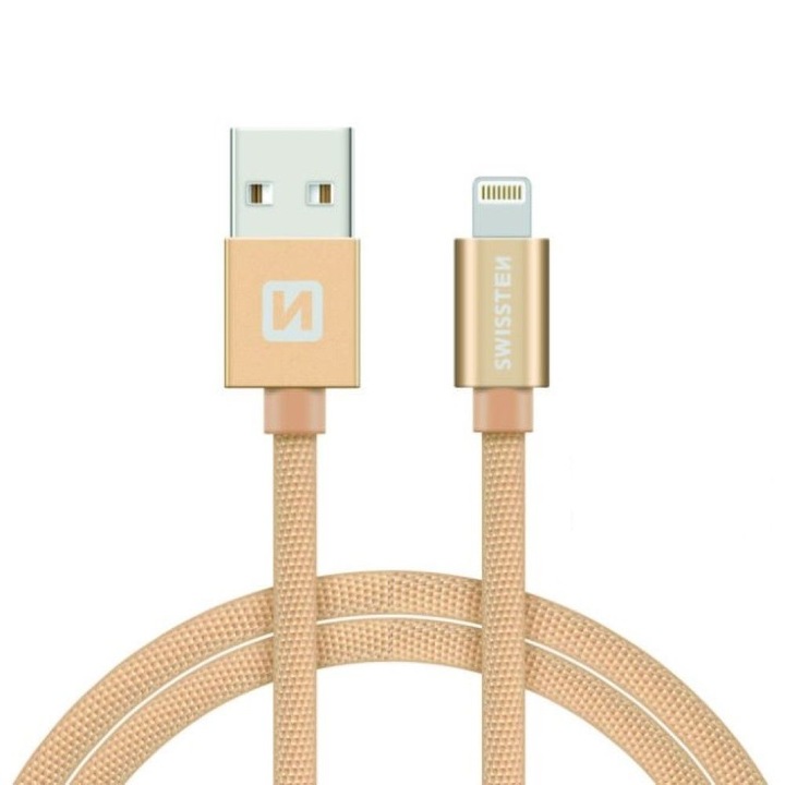 Swissten Adatkábel textil bevonattal, USB/lightning, 2 m, Aranyszín