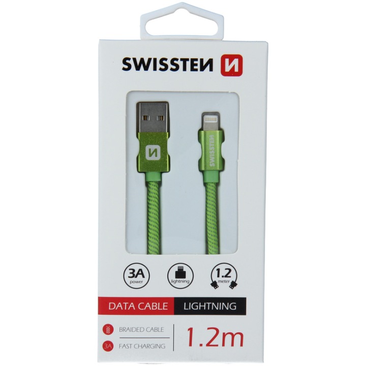 Кабел за данни Swissten textile usb/lightning 1.2 м, Green