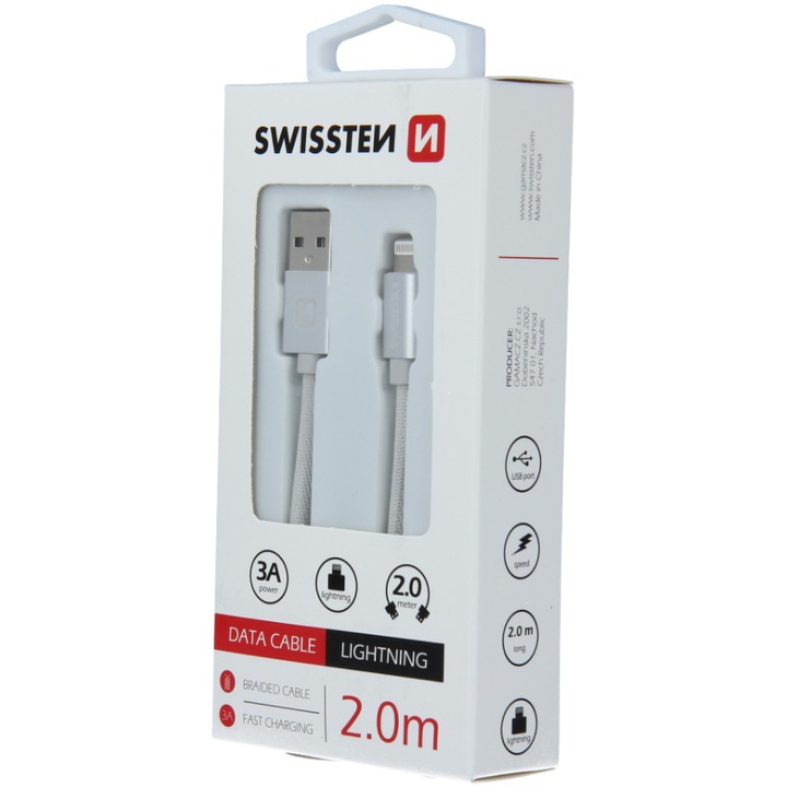 Кабел за данни Swissten textile usb/lightning 2.0 м, Silver