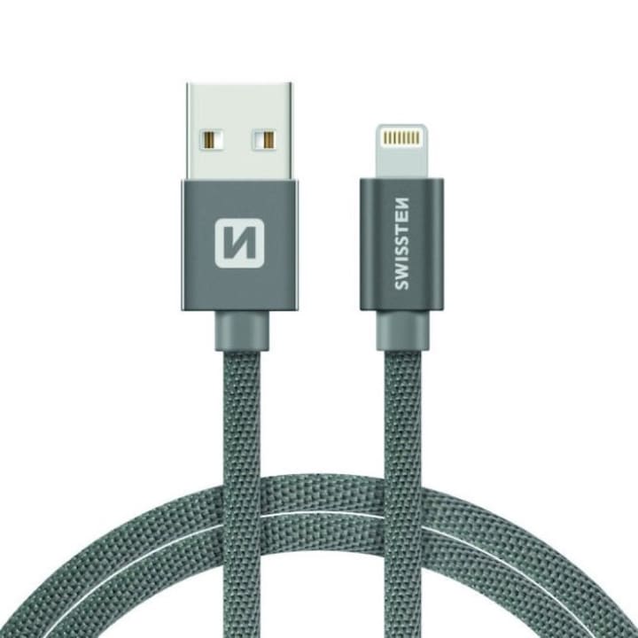 Swissten Adatkábel textil bevonattal, USB/lightning, 2 m, Szürke