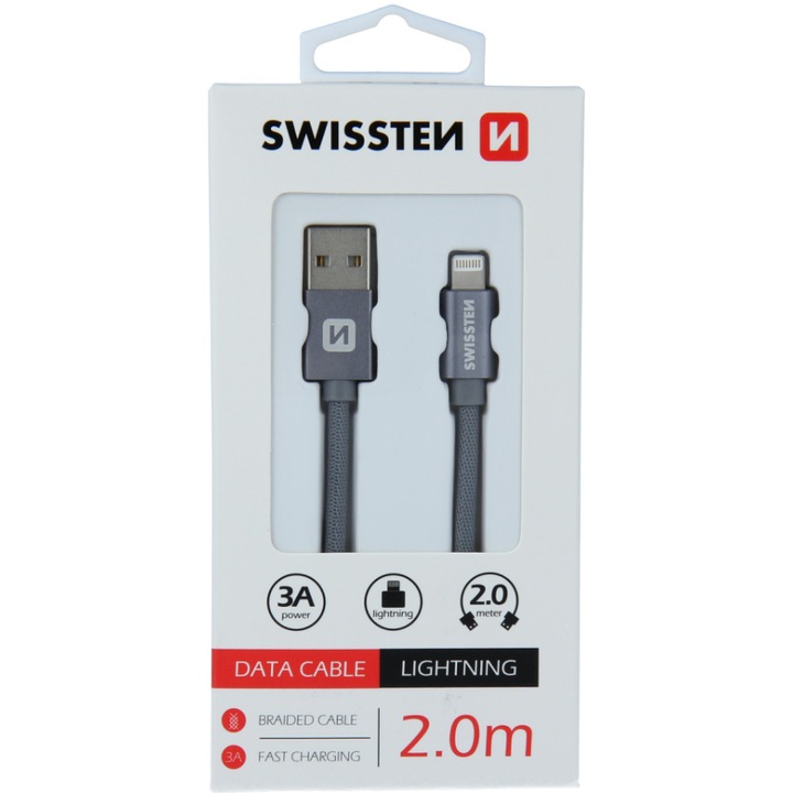 Кабел за данни Swissten textile usb/lightning 2.0 м, Grey