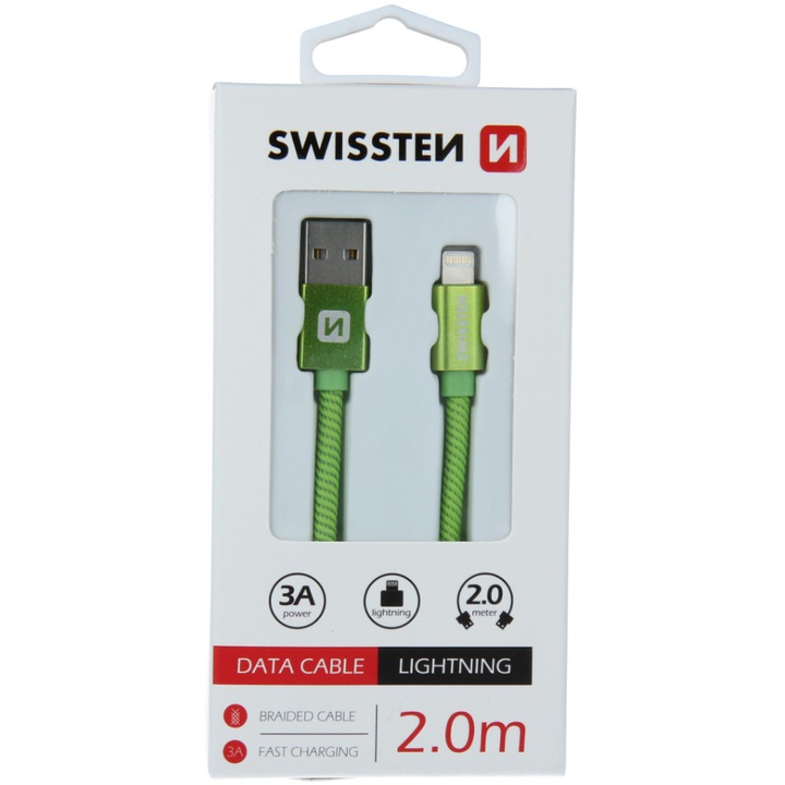 Кабел за данни Swissten textile usb/lightning 2.0 м, Green