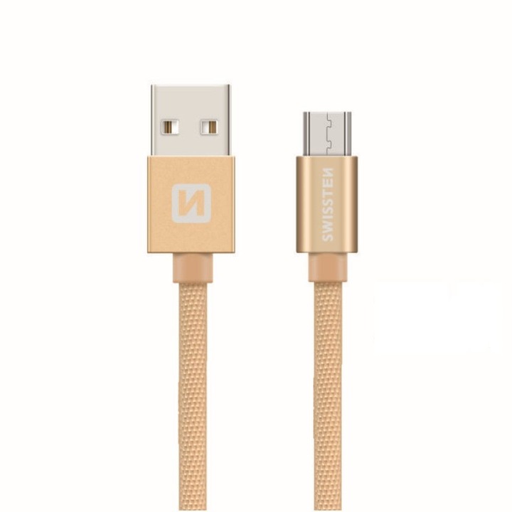 Swissten Adatkábel textil bevonattal, USB/mikro USB, 0.2 m, Aranyszín