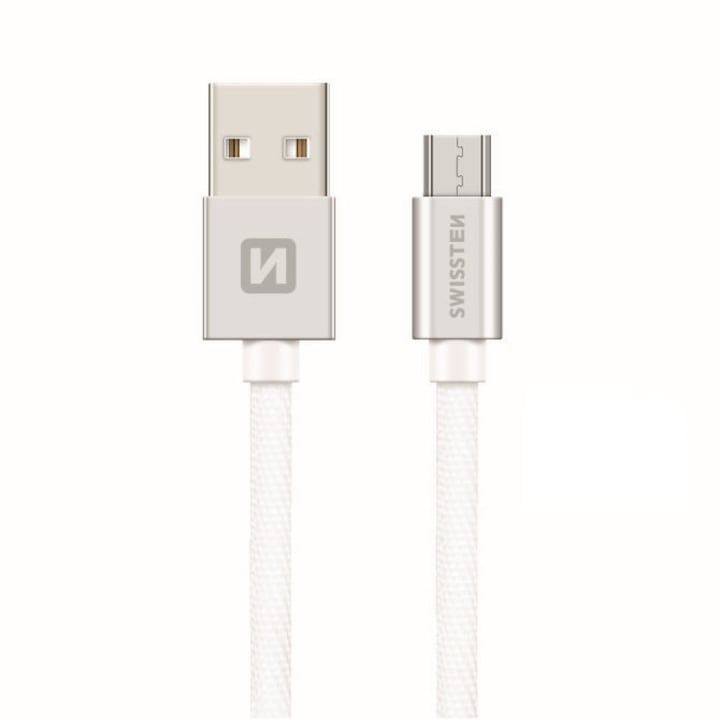 Swissten Adatkábel textil bevonattal, USB/mikro USB, 0.2 m, Ezüst/fehér