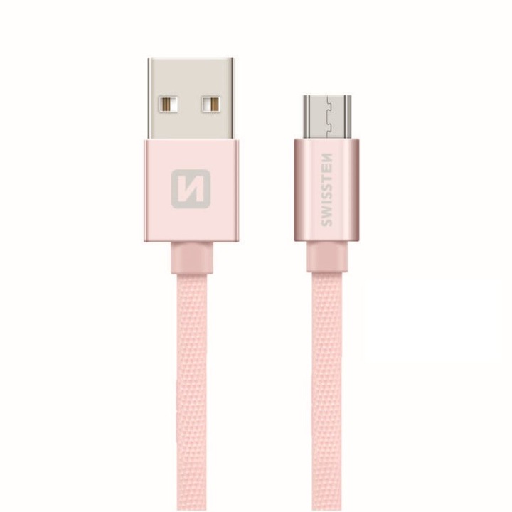 Swissten Adatkábel textil bevonattal, USB/mikro USB, 0.2 m, Rozé arany