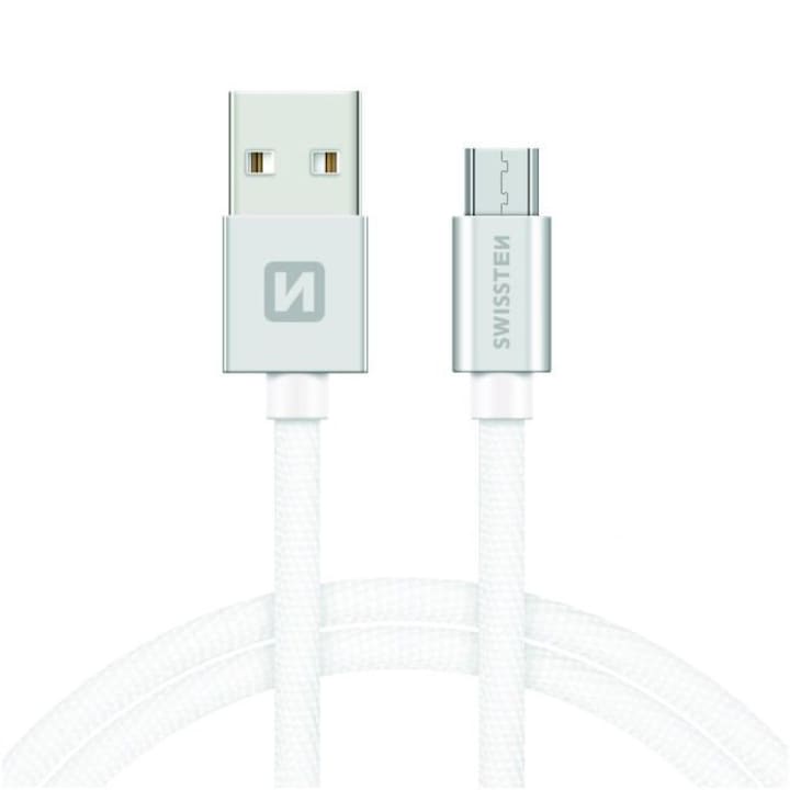 Swissten Adatkábel textil bevonattal, USB/mikro USB, 2 m, Ezüst/fehér