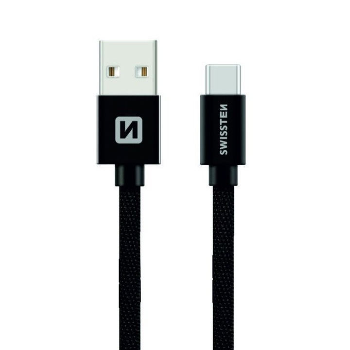 Swissten Adatkábel textil bevonattal, USB/USB-C, 0.2 m, Fekete