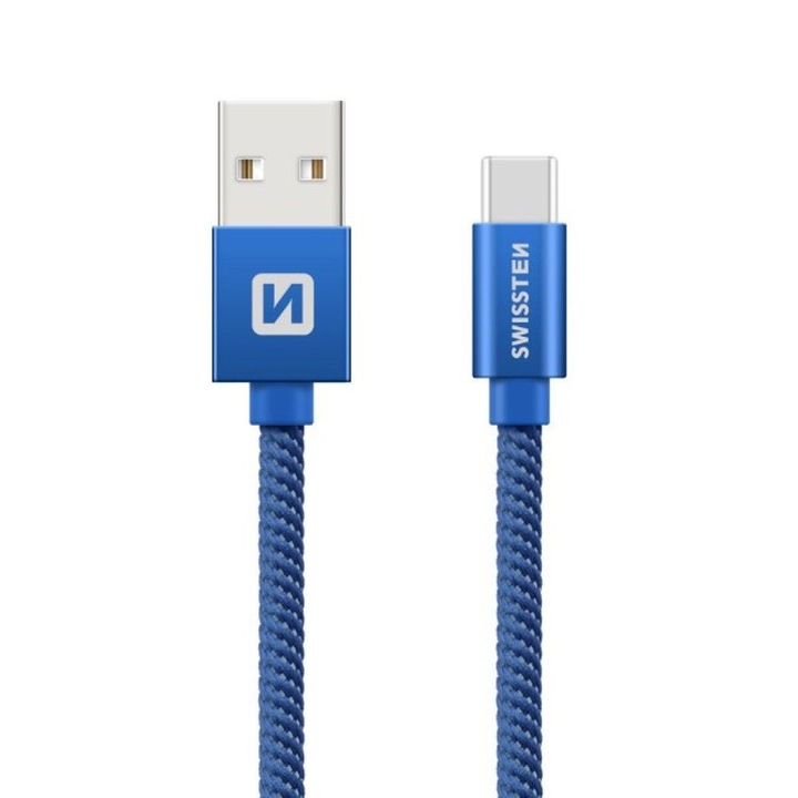 Swissten Adatkábel textil bevonattal, USB/USB-C, 0.2 m, Kék