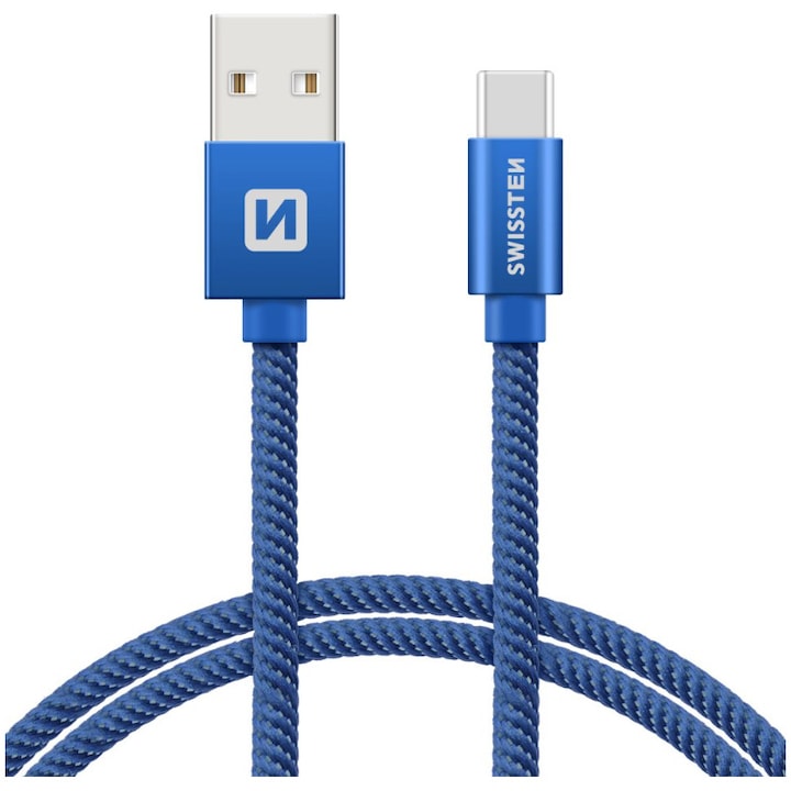 Swissten Adatkábel textil bevonattal, USB/USB-C, 1.2 m, Kék