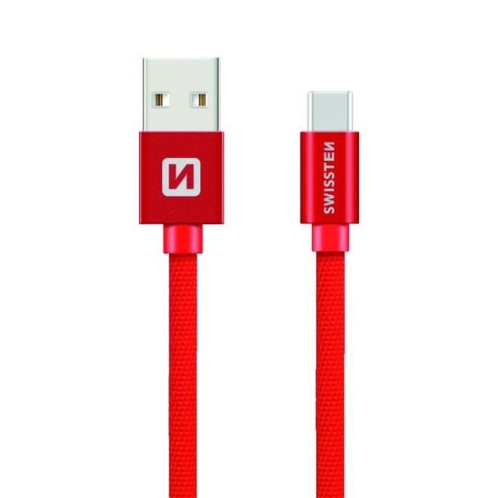 Swissten Adatkábel textil bevonattal, USB/USB-C, 0.2 m, Piros