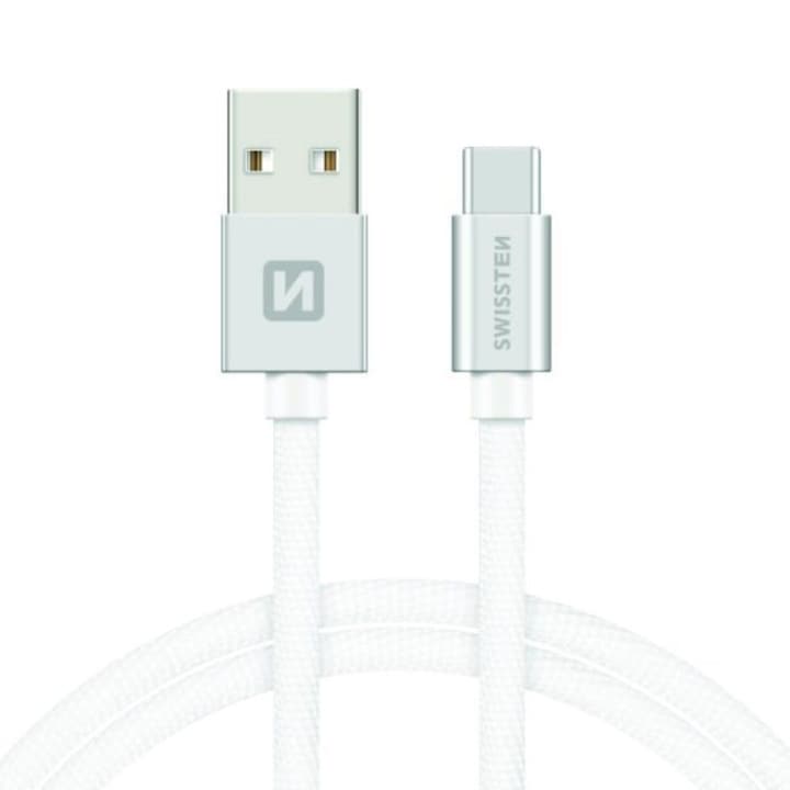 Swissten Adatkábel textil bevonattal, USB/USB-C, 1.2 m, Ezüst/fehér