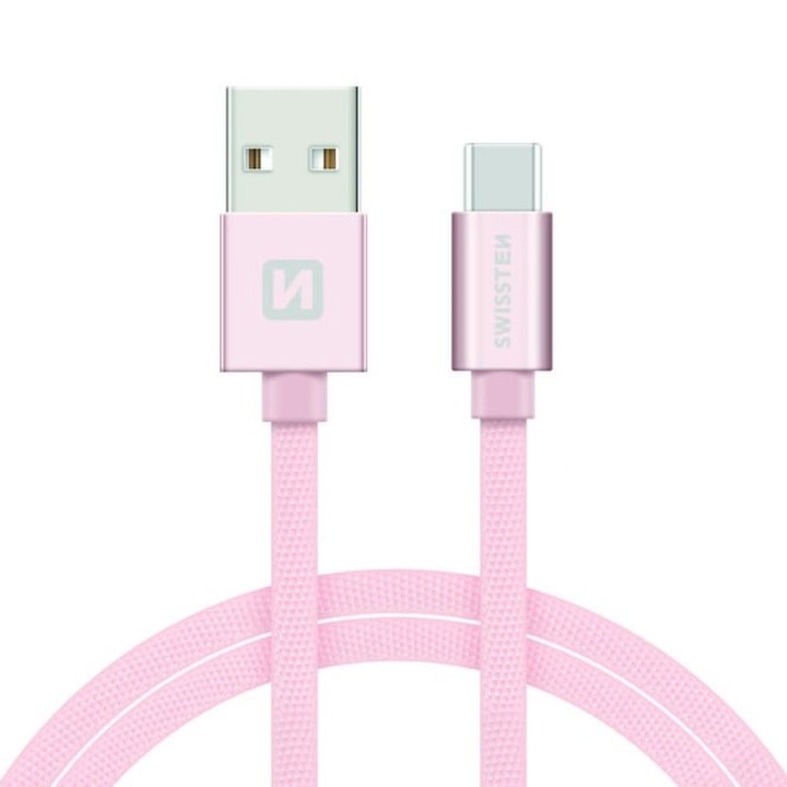 Swissten Adatkábel textil bevonattal, USB/USB-C, 1.2 m, Rozé arany