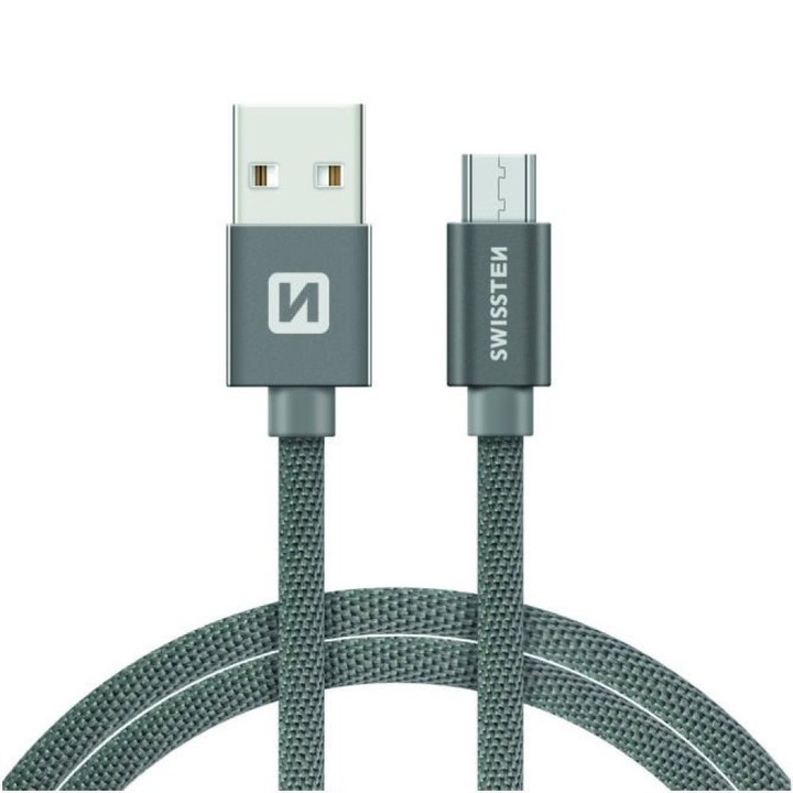 Swissten Adatkábel textil bevonattal, USB/USB-C, 1.2 m, Szürke