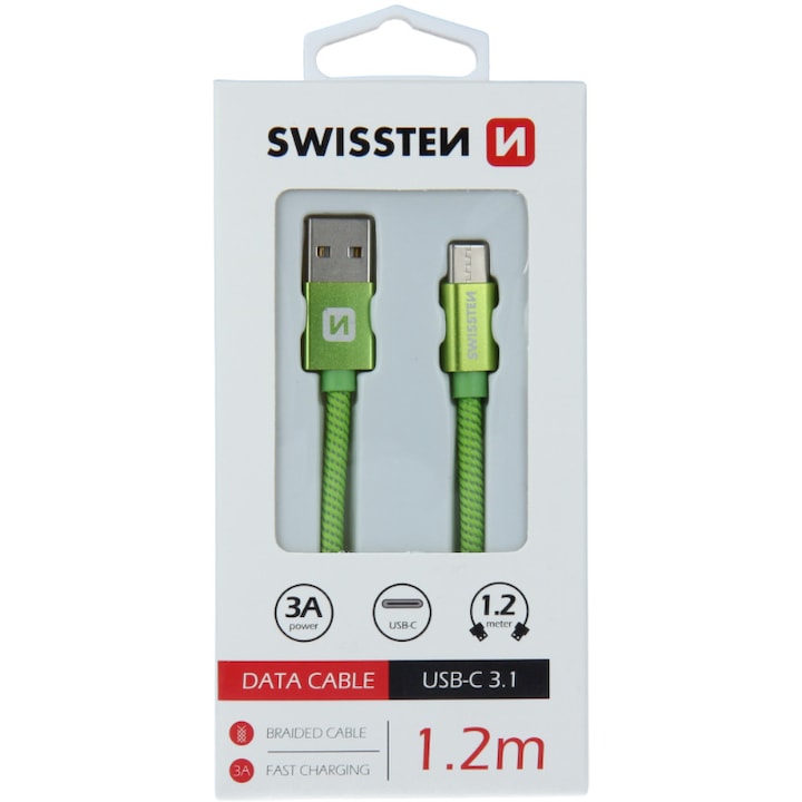 Swissten Adatkábel textil bevonattal, USB/USB-C, 1.2 m, Zöld