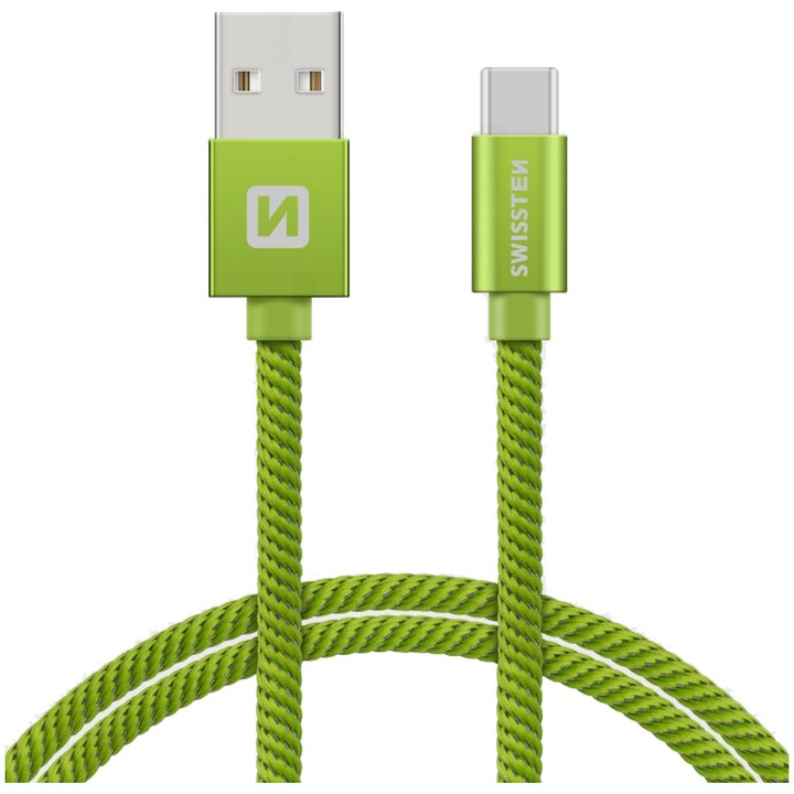 Swissten Adatkábel textil bevonattal, USB/USB-C, 2 m, Zöld