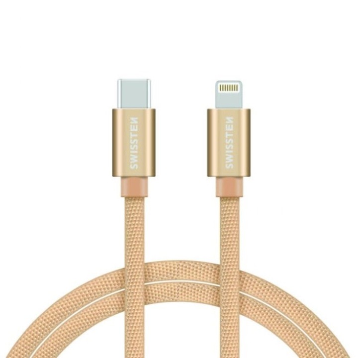 Swissten Adatkábel textil bevonattal, USB-C/lightning, Power Delivery, 1.2 m, Aranyszín