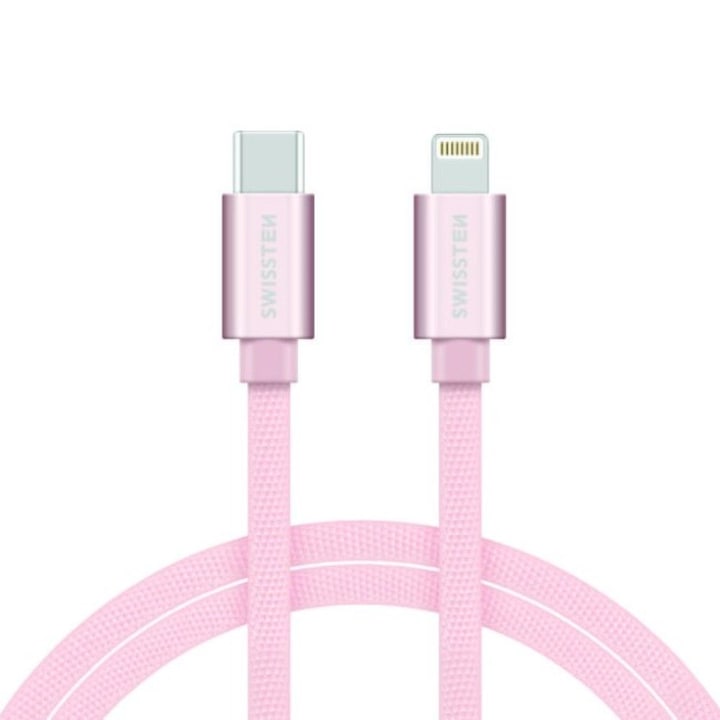 Swissten Adatkábel textil bevonattal, USB-C/lightning, Power Delivery, 1.2 m, Rozé arany