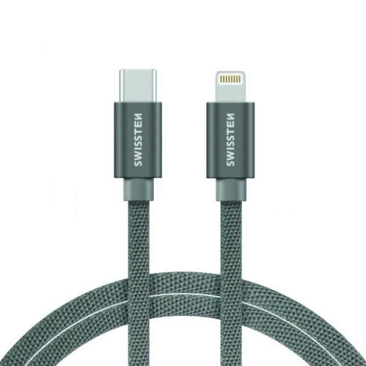Swissten Adatkábel textil bevonattal, USB-C/lightning, Power Delivery, 1.2 m, Szürke