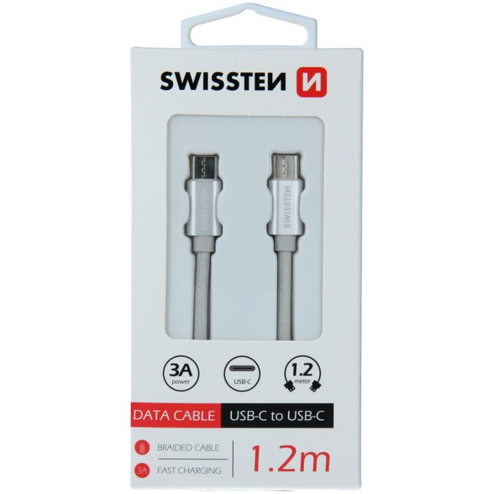 Swissten Adatkábel textil bevonattal, USB-C/USB-C, 1.2 m, Ezüst/fehér