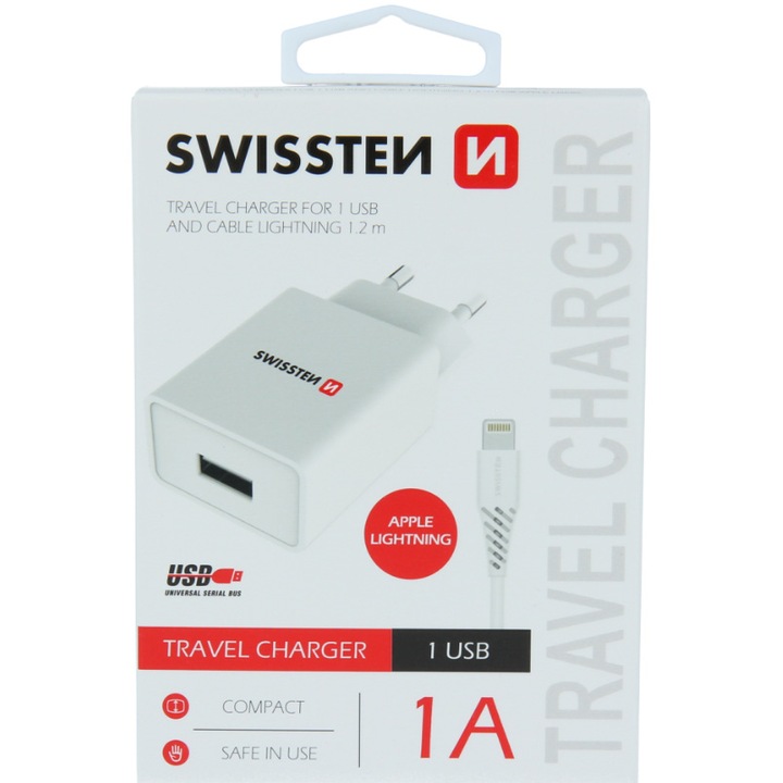 Зарядно устройство за пътуване Swissten intelligent, С 1x usb 1a кабел за данни и зареждане usb/lightning 1,2 м, White