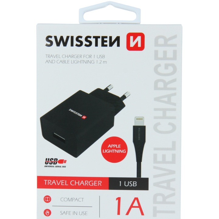 Зарядно устройство за пътуване Swissten intelligent, С 1x usb 1a кабел за данни и зареждане usb/lightning 1,2 м, Black
