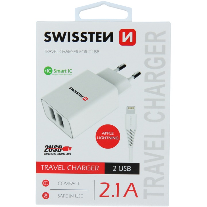 Зарядно устройство за пътуване Swissten intelligent, С 2x usb 2.1a кабел за данни и зареждане usb/lightning 1,2 м, White