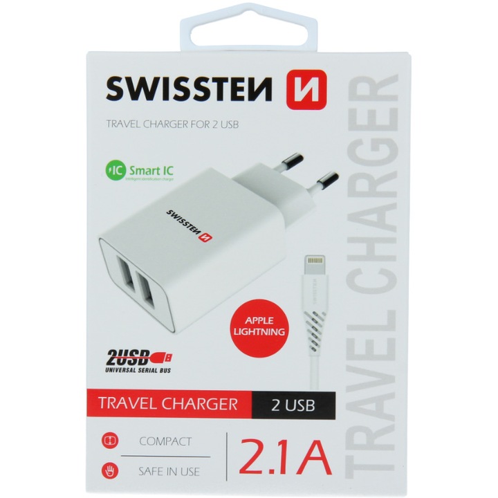 Swissten Hálózati töltő adapter + lightning kábel, 2 USB port, Smart IC, 2.1 A, Fehér