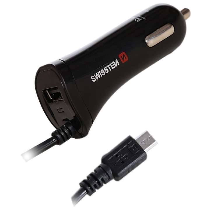 Swissten Autós töltő mikro USB kábellel, + 1 USB aljzat, 2.4 A, fekete