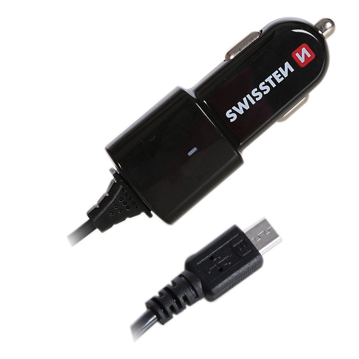 Swissten Autós töltő mikro USB kábellel, 1A, Fekete