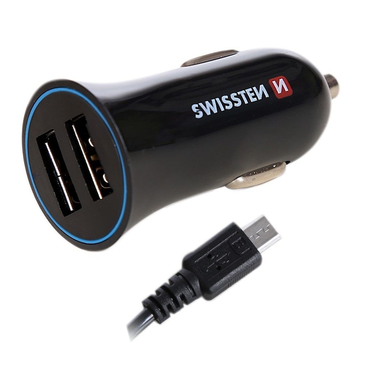 Swissten Autós töltő, 2 USB aljzat, 2.4 A, fekete, mikro USB kábellel