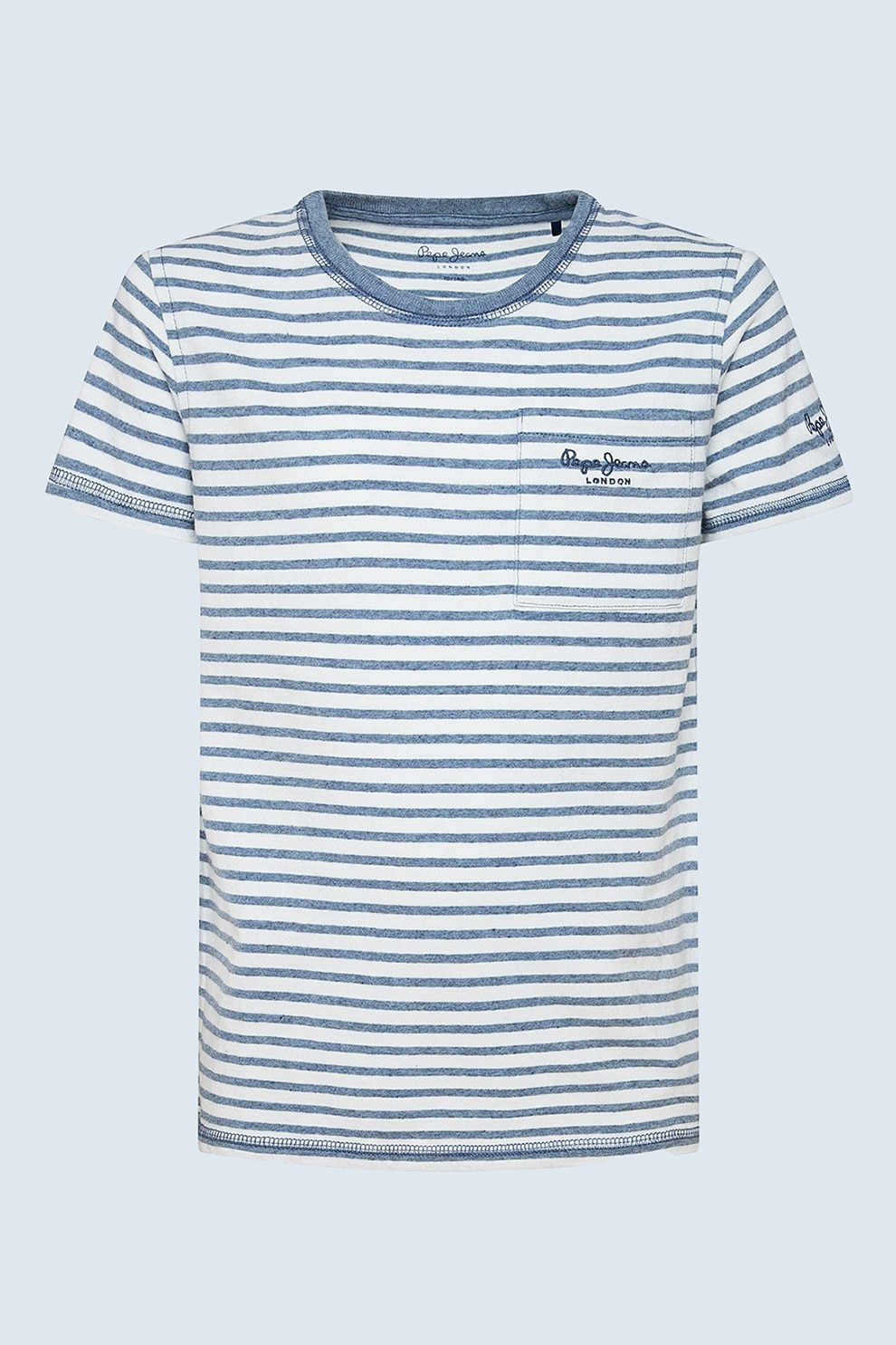 Pepe Jeans London, Tricou in dungi cu buzunar aplicat Joss, Alb/Albastru prafuit, 128 CM