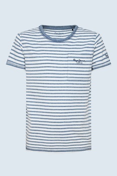 Pepe Jeans London, Tricou in dungi cu buzunar aplicat Joss, Alb/Albastru prafuit, 128 CM Pepe Jeans London, Tricou in dungi cu buzunar aplicat Joss, Alb/Albastru prafuit, 128 CM