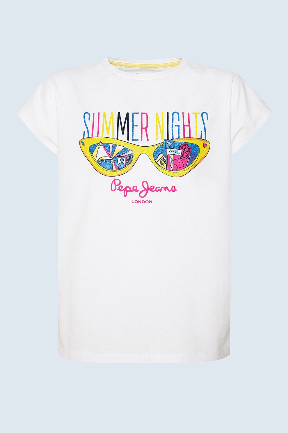 Pepe Jeans London, Tricou cu decolteu la baza gatului si imprimeu grafic Diana, Alb/Galben/Roz, 188 CM