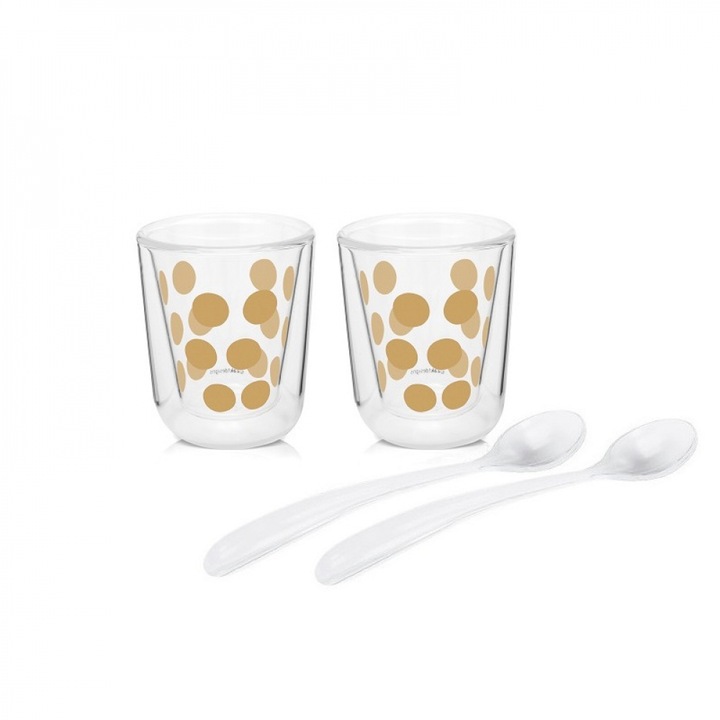 Set 2 pahare pentru espresso Zak! designs, 2 x 75 ml, Cu linguri, Transparent/Auriu