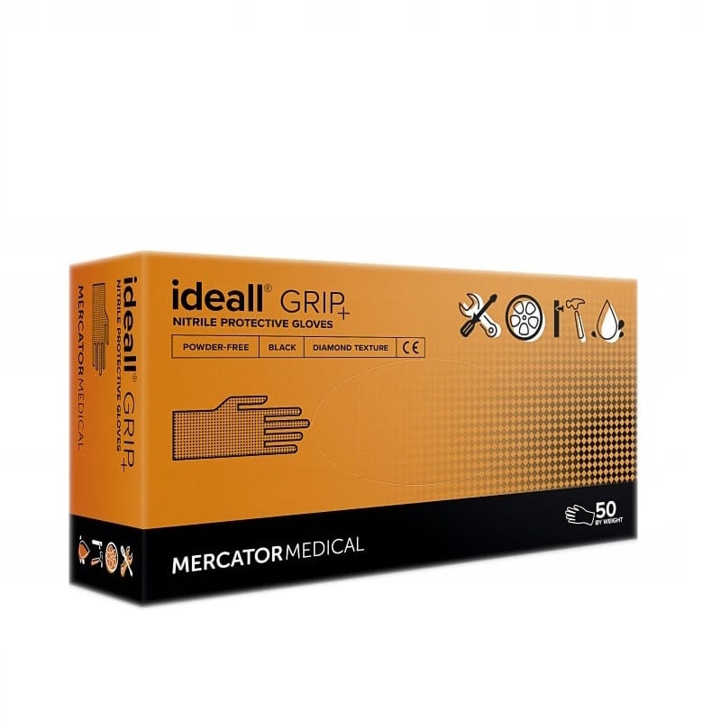 Set 50 bucati Manusi Ideall Grip+ Orange, Nitril, nepudrate, groase, structura diamant, portocaliu marimea L