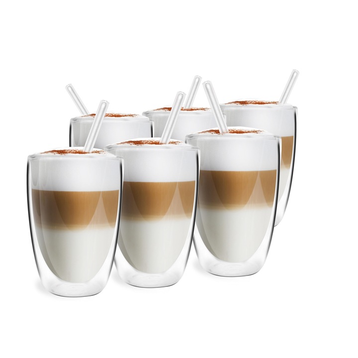 OEM, Vialli Design Vita csésze szett kávéhoz és teához, 6 db, szívószállal, dupla falú üveg, 350 ml