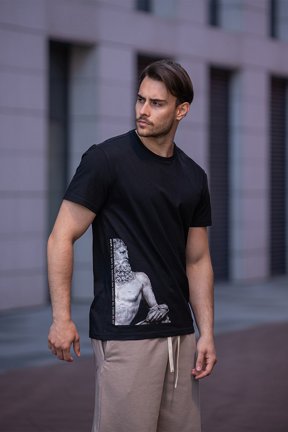 uFIT, Tricou cu imprimeu si decolteu la baza gatului Ancient, Negru/Gri deschis