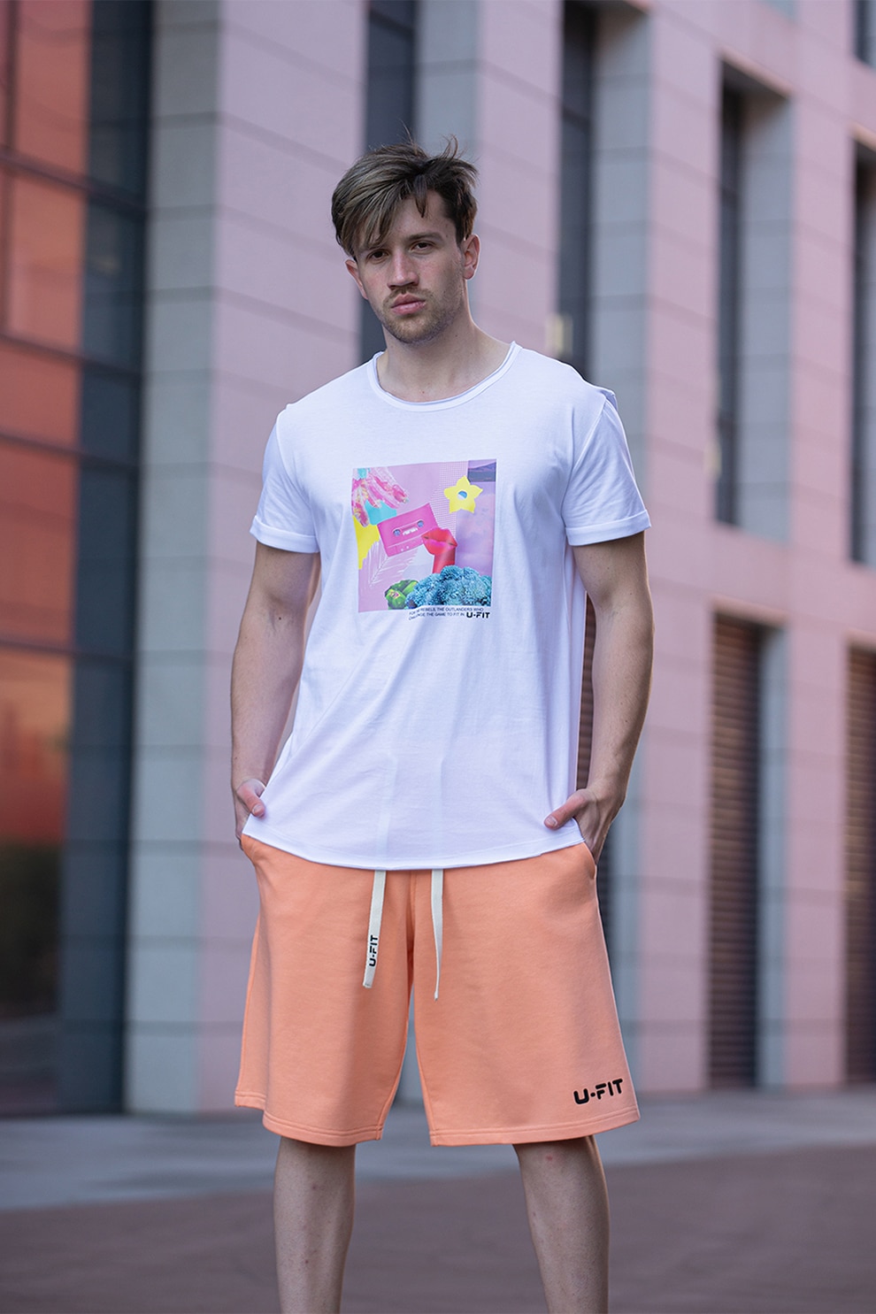 uFIT, Tricou long fit Retro Party, Alb/Roz/Bleu