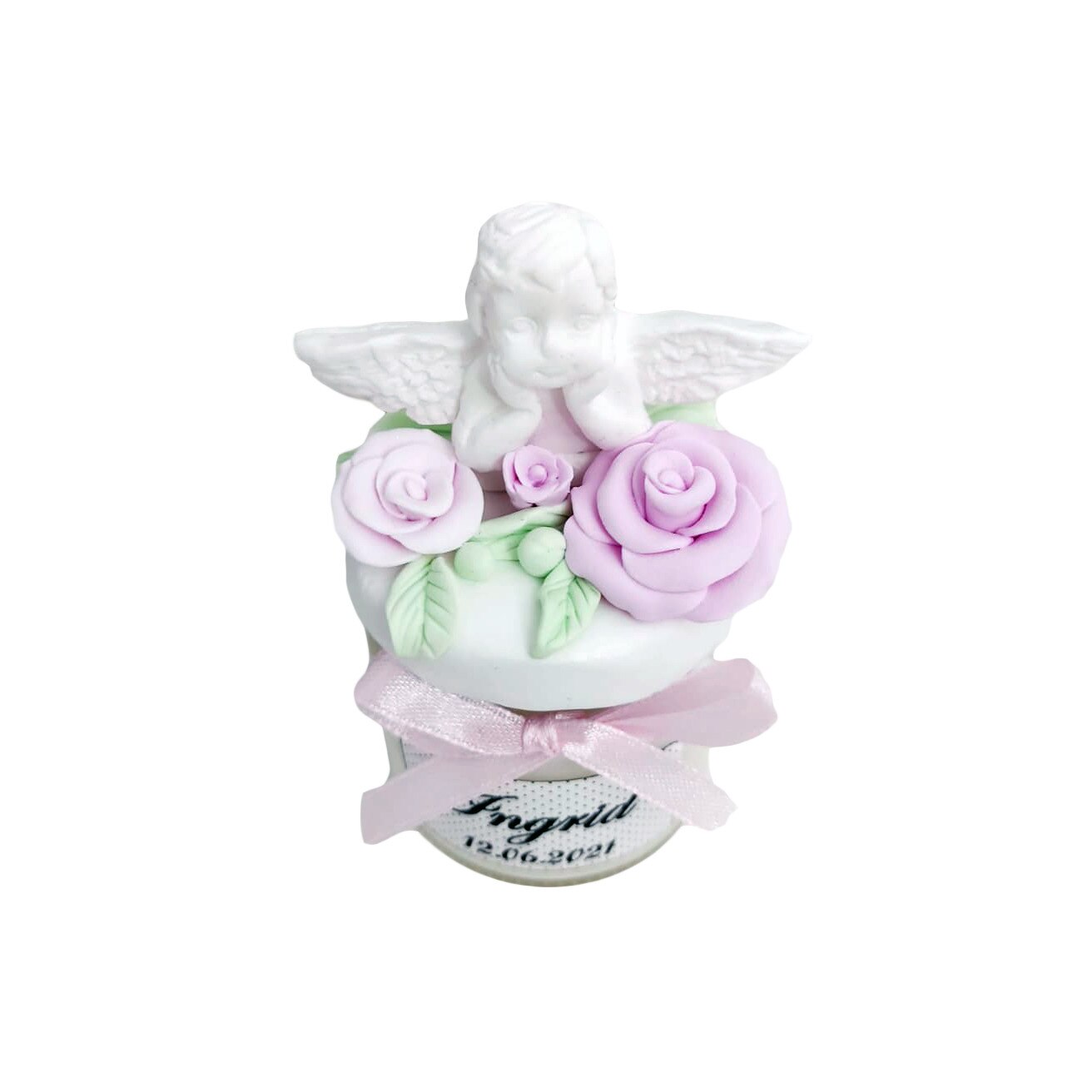 Set marturii pentru botez lumanare din ceara de soia, Ingeras cu trandafiri, 10 bucati