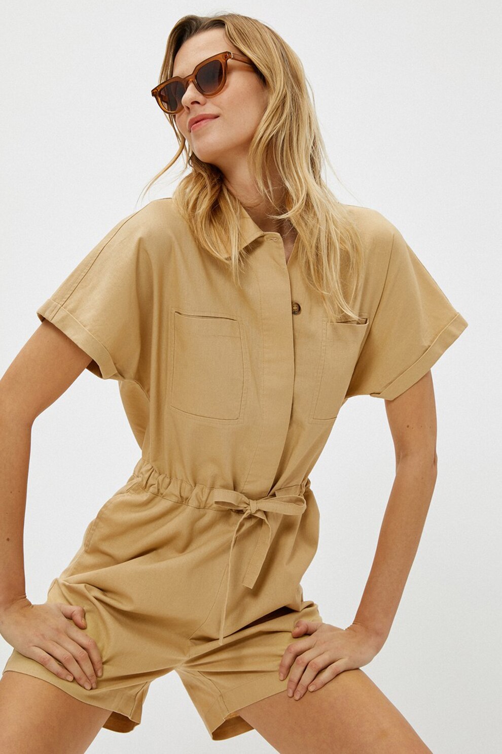 KOTON, Salopeta din amestec de in cu snur in talie, Maro camel, 2XL