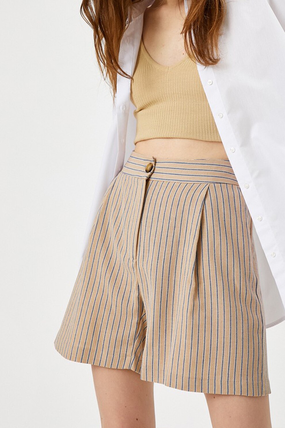 KOTON, Pantaloni scurti in dungi cu talie inalta, Maro camel/Albastru prafuit, L