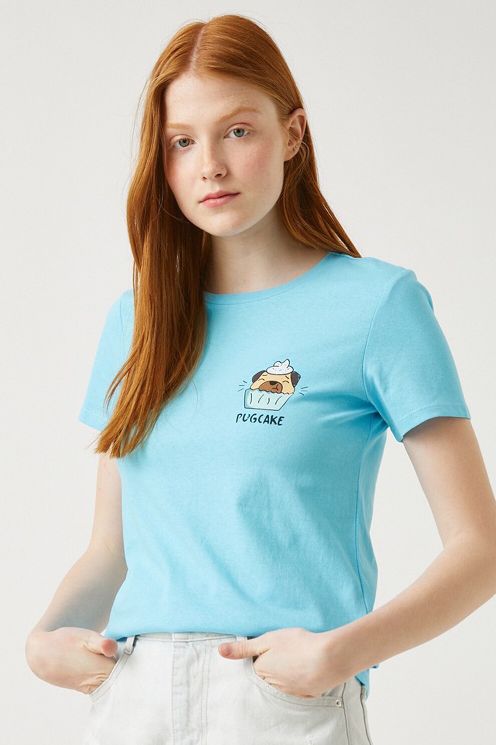 KOTON, Tricou de jerseu cu imprimeu grafic discret, Albastru deschis, XS