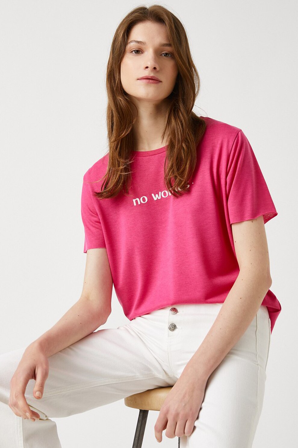 KOTON, Tricou cu decolteu la baza gatului si imprimeu text, Fucsia/Alb