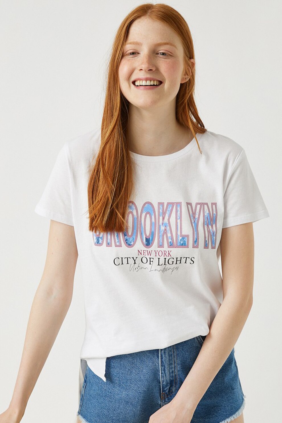 KOTON, Tricou cu imprimeu text, Alb/Roz/Albastru